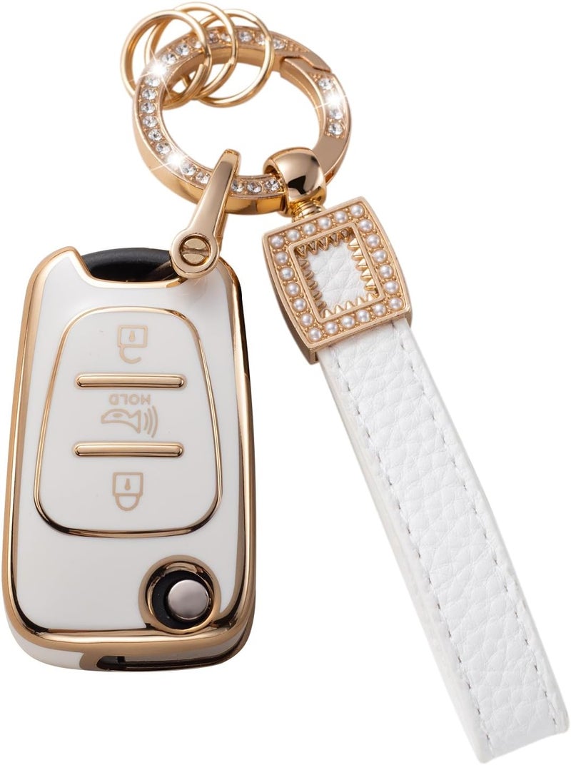 CACARLIKE for Kia/Hyundai Key Fob Cover with Leather Lanyard, Car Key Fob Case Compatible with 2010-2013 Soul 2012-2014 Rio Sportage Smart Key Protector Holder - Image 1